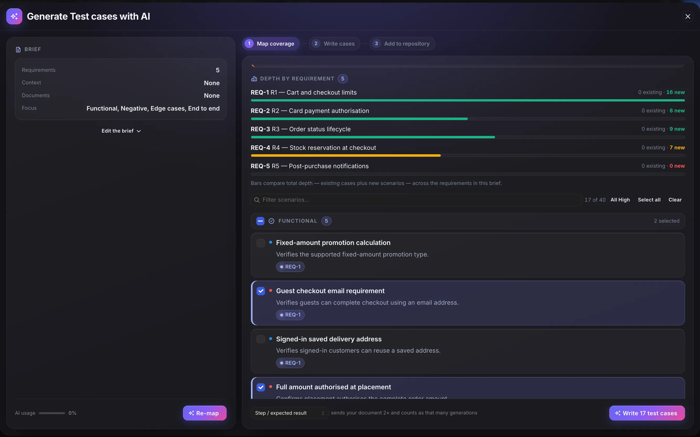 Hawzu's AI coverage map — scenarios grouped by lens, depth scored per requirement, and one requirement reporting no scenarios proposed