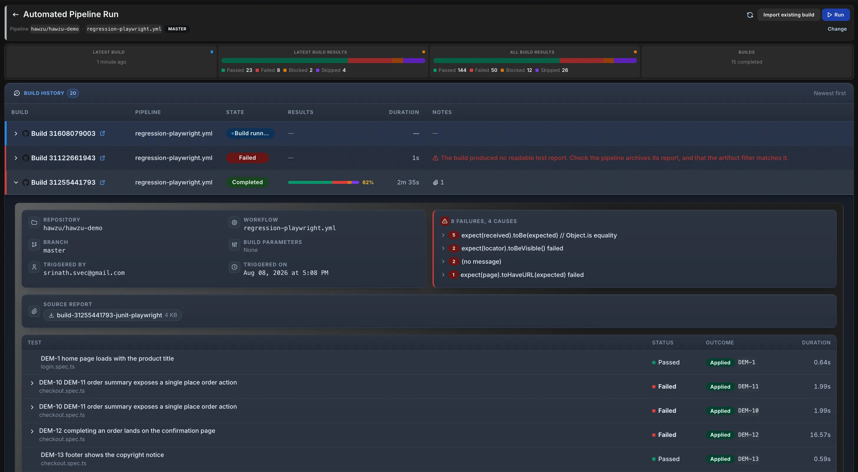 An automated test run in Hawzu — build history with a build in flight, a completed build expanded to its per-test results, grouped failure causes, and the source JUnit report